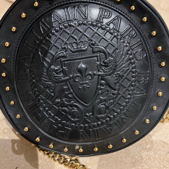 BALMAIN CRESTED ROUND CROSS BODY BAG GOLD HARDWARE STAMPED (Authentic) - Picture 4 of 4